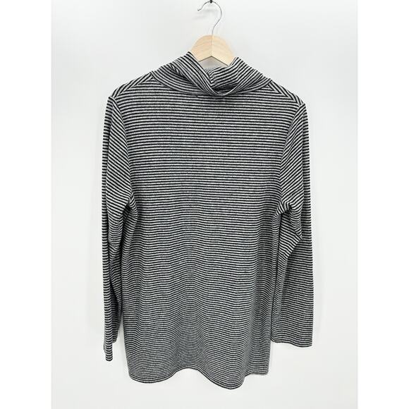 Karen Kane Sweater Womens Large Black Gray Striped Cowl Neck Pullover Side Slit - Picture 2 of 6